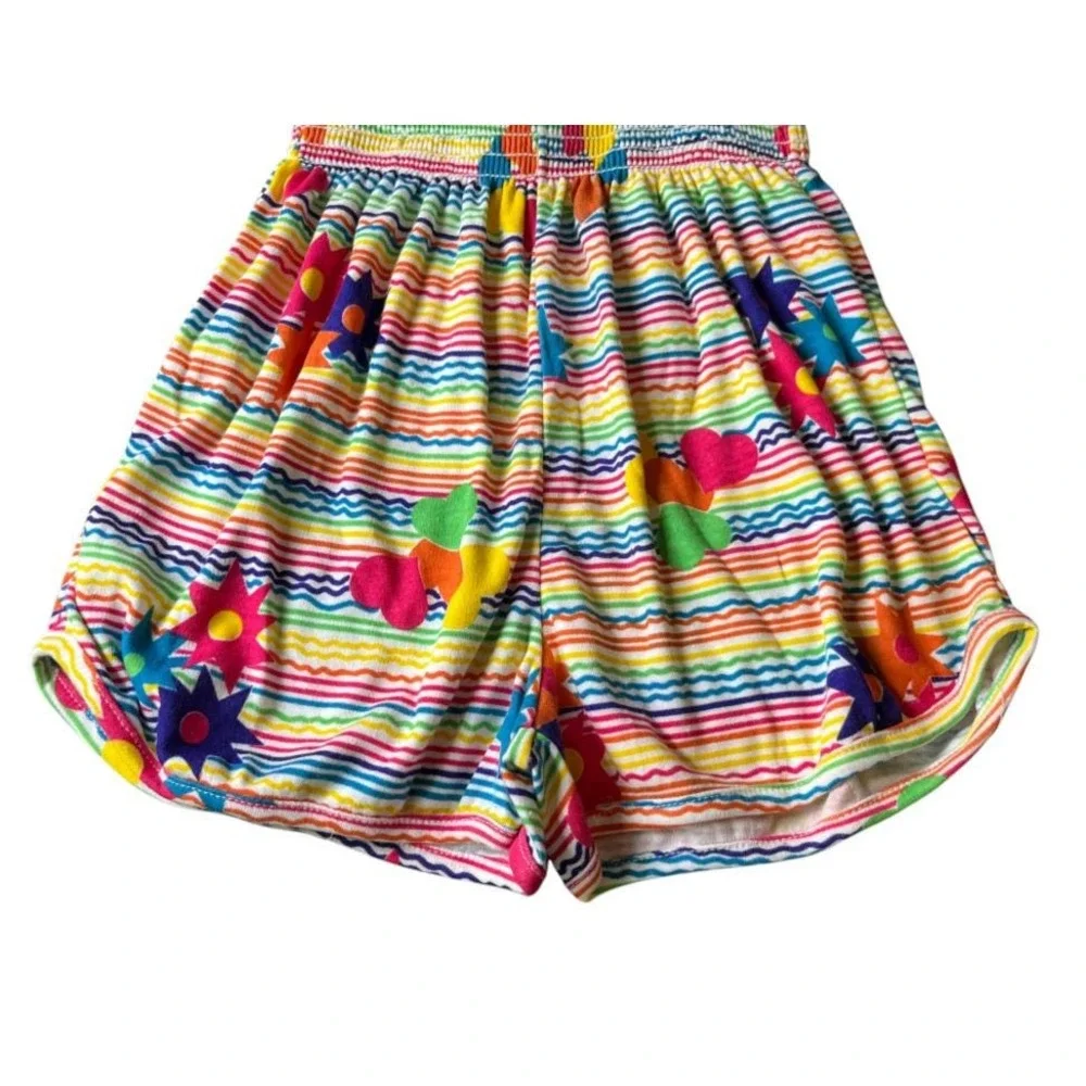 Nwt Vtg CLUB HOUSE ROMPER Rainbow Stripes w/Floral Elastic Waist Shorts 12/10/8